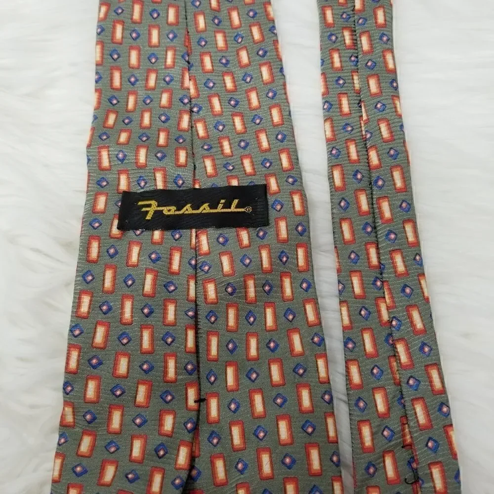 Vintage Fossil Sage Green & Orange Geometric Print Silk Neck Tie Classic